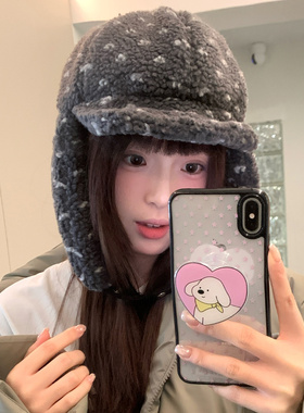 韩系羊羔绒波点护耳雷锋帽子女冬