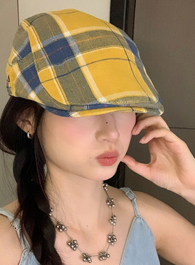 韩版元气夏季格纹拼色鸭舌帽百搭