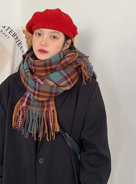 格子黄色针织围巾女2026冬季