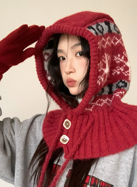 复古秋冬雪花条纹帽子围巾一体
