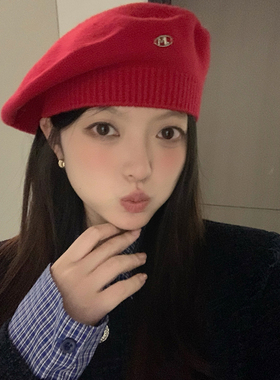 日系百搭秋冬纯色羊毛贝雷帽潮