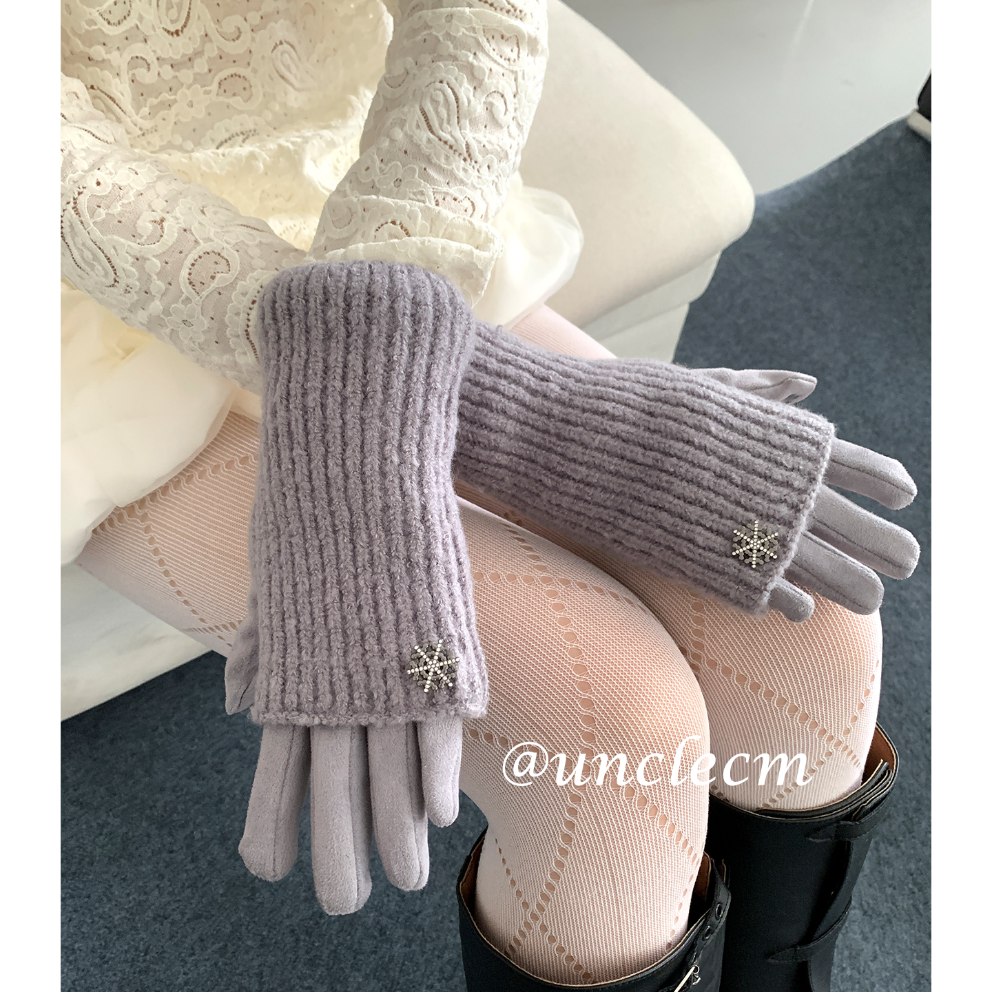 韩版麂皮针织雪花分指手套女士冬季加厚保暖二合一防寒骑行可触屏,淘宝优惠券,粉丝福利购,淘宝优惠卷