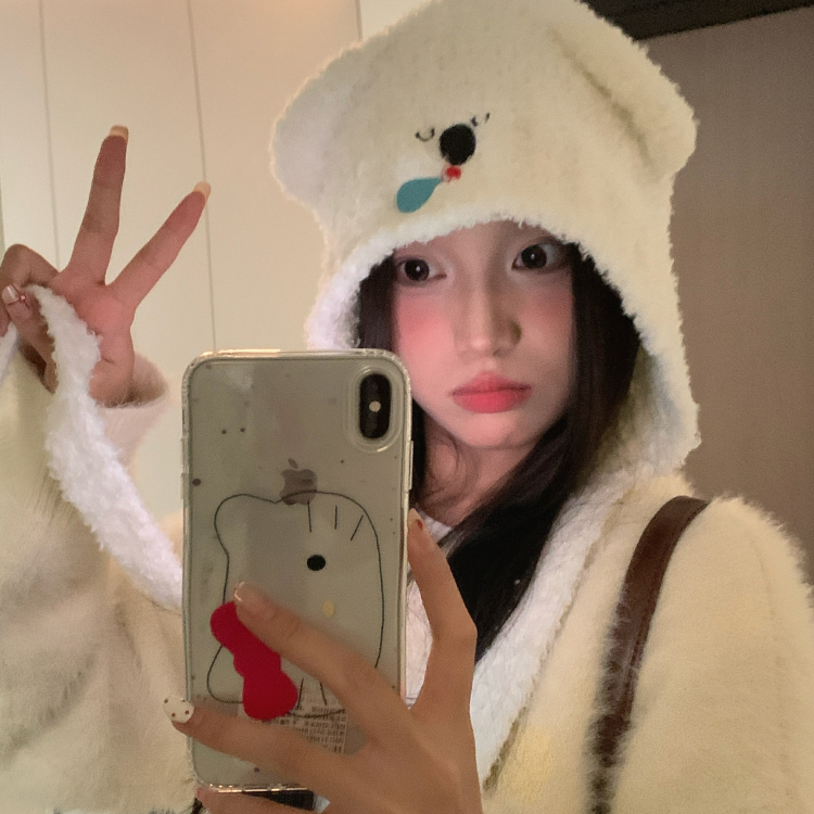 可爱考拉毛绒针织毛线帽子女秋冬季保暖护耳套头帽绑带显脸小加厚 - 图2