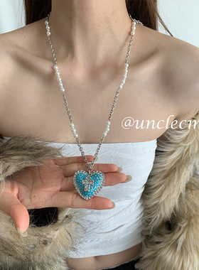 轻奢复古蓝色爱心吊坠项链女