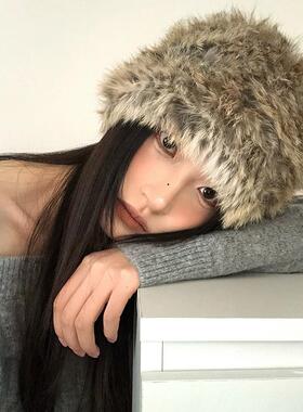 复古毛绒保暖帽子女秋冬含兔毛