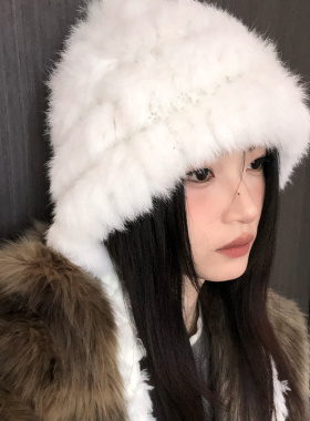 冬季兔毛保暖毛绒护耳针织帽女