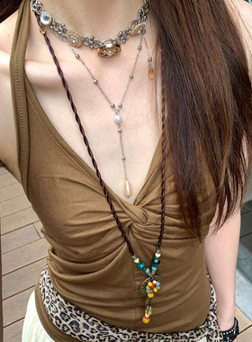 波西米亚风花朵串珠长款项链女