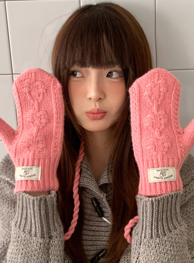 韩系花朵挂脖针织手套女冬季