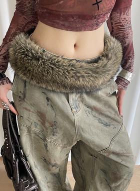 复古纽扣皮毛一体宽版腰带女