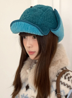 韩版加厚羊羔绒蓝色雷锋帽子女冬