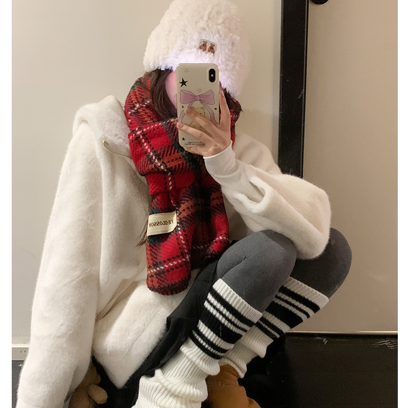 新年圣诞氛围感红色格子围巾女秋冬新款保暖护颈针织围脖百搭披肩 - 图1