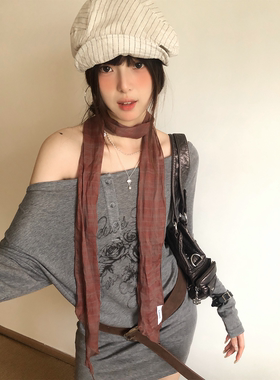 复古格纹薄款长条丝巾女