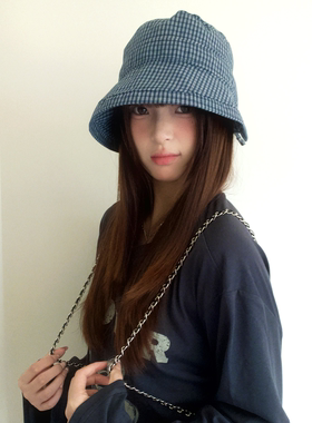 复古日系蓝色格子渔夫帽子女