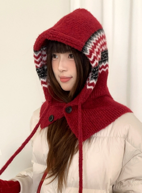 费尔岛蓝色提花帽子围巾一体女冬