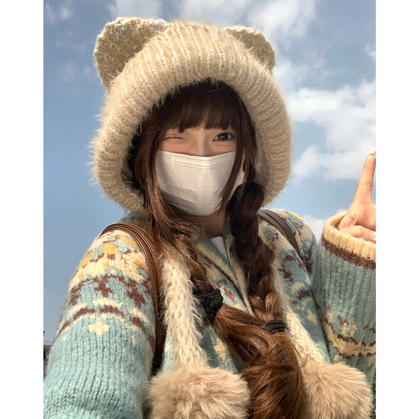 毛绒可爱小熊耳朵毛线帽子女冬季大头围针织护耳帽保暖百搭套头帽,淘宝优惠券,粉丝福利购,淘宝优惠卷