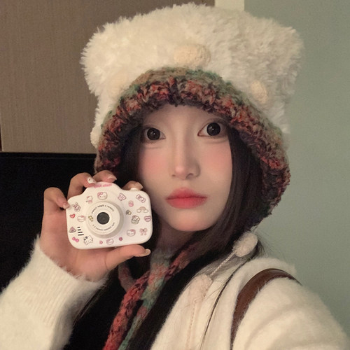 秋冬韩版可爱小熊毛绒针织帽子女彩色绑带护耳帽显脸小雷锋帽 - 图0