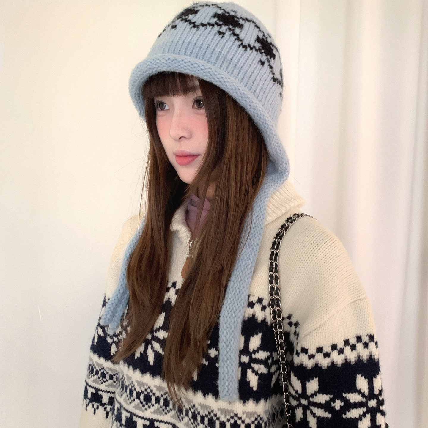 费尔岛拼色提花针织毛线帽子女冬季复古大头围绑带保暖护耳包头帽,淘宝优惠券,粉丝福利购,淘宝优惠卷