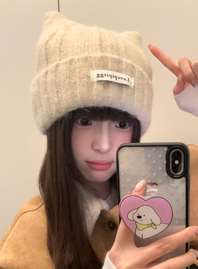 含羊毛可爱猫耳朵灰色毛线帽女冬