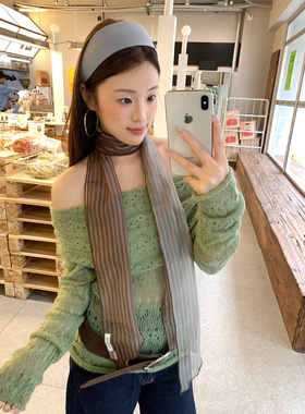 复古高级感条纹长条丝巾女
