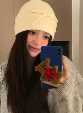 韩版甜美红色秋冬蝴蝶结毛线帽