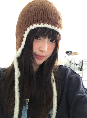 韩系撞色护耳灰色针织帽子女