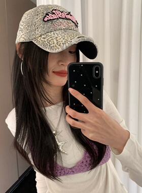 美式辣妹风字母刺绣豹纹鸭舌帽女