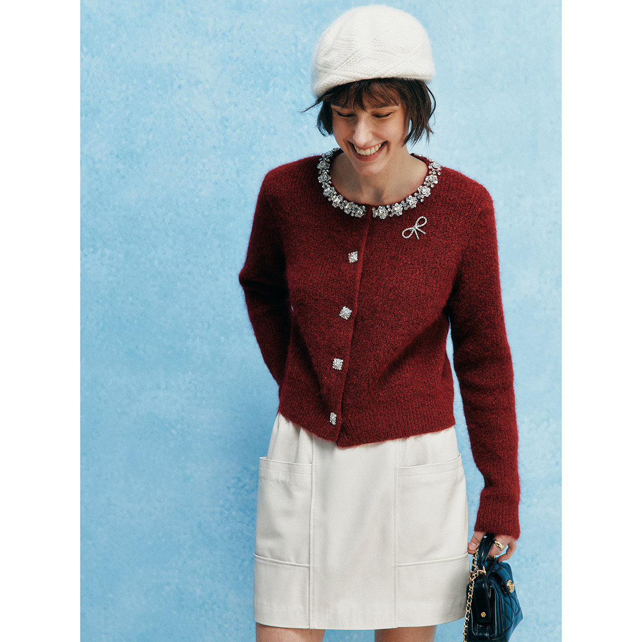 【珠光宝气】1OO%羊毛 小香风手缝水钻装饰蝴蝶结针织开衫毛衣女,淘宝优惠券,粉丝福利购,淘宝优惠卷