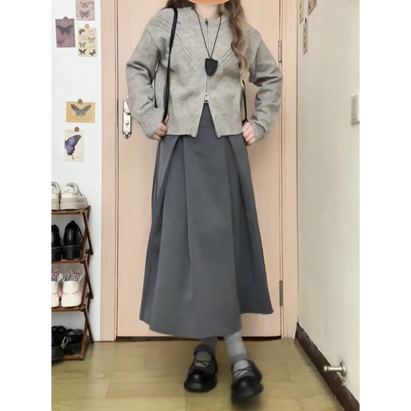 灰色伯克利裙子秋大码胖mm梨型身材半身裙遮肚显瘦宽松a字百褶裙 - 图0