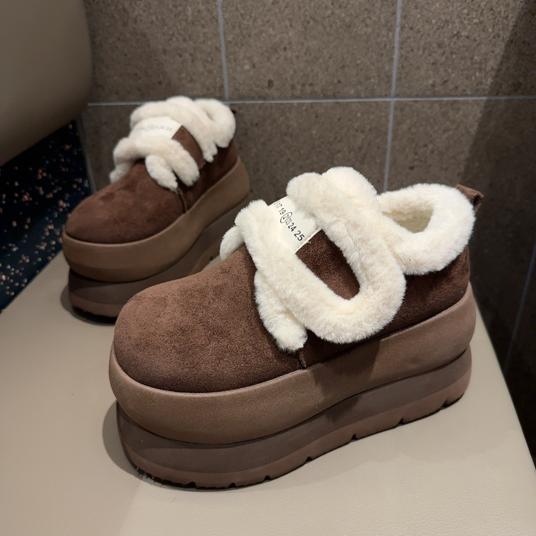 欧货重工毛毛魔术贴厚底面包鞋女2025冬高跟加绒保暖雪地勃肯棉鞋 - 图2
