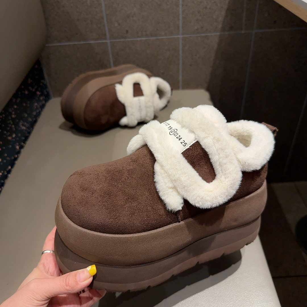 欧货重工毛毛魔术贴厚底面包鞋女2025冬高跟加绒保暖雪地勃肯棉鞋 - 图0