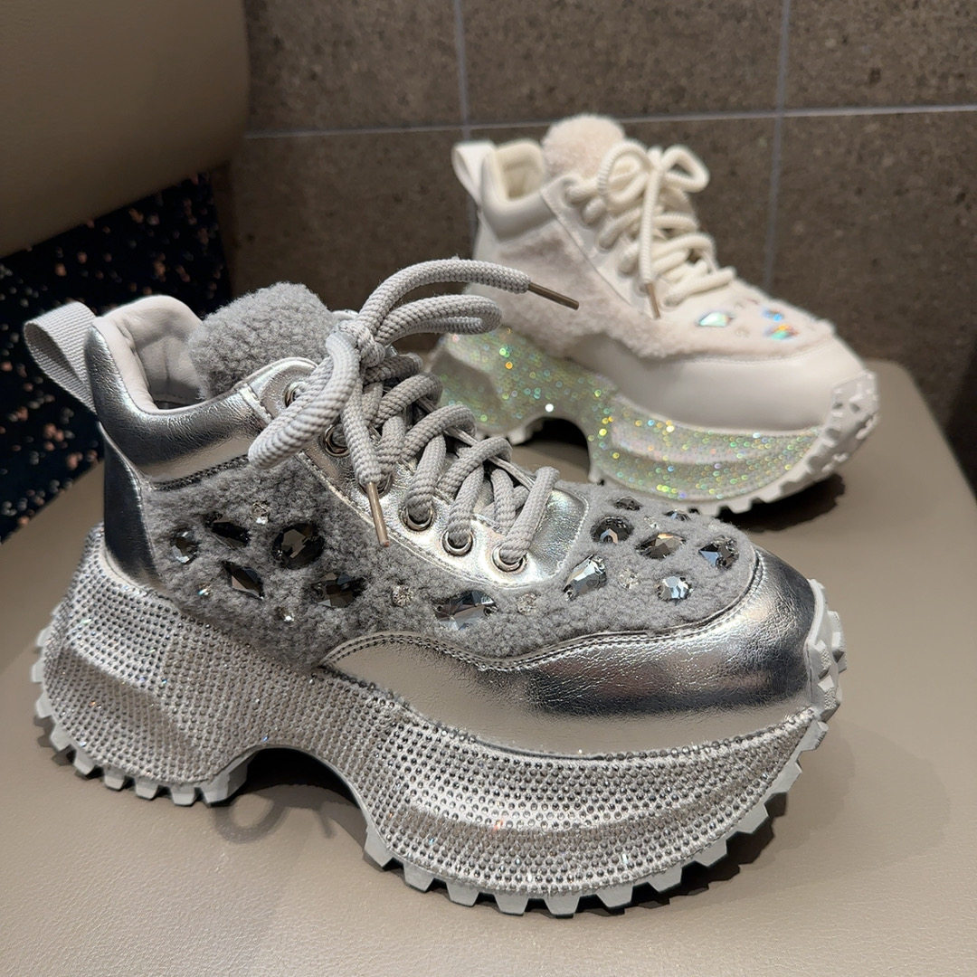 欧货重工毛毛水钻厚底老爹鞋女2025冬季满钻高帮棉鞋休闲运动潮鞋,淘宝优惠券,粉丝福利购,淘宝优惠卷