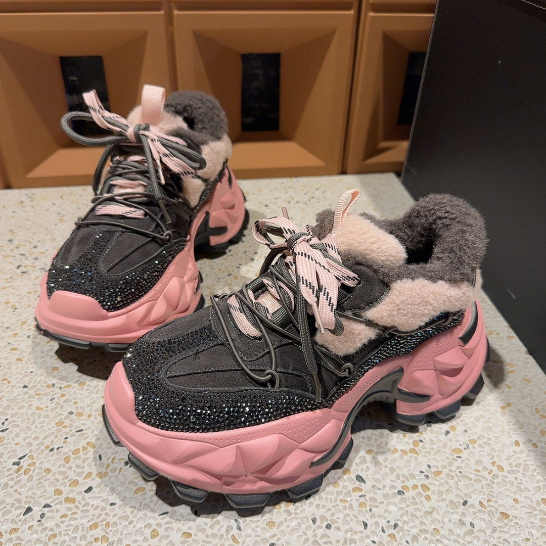欧货重工水钻厚底毛毛老爹鞋女2025撞色满钻高帮棉鞋休闲运动潮鞋,淘宝优惠券,粉丝福利购,淘宝优惠卷