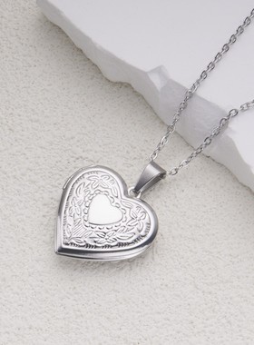 欧美跨境热销爱心心形可打开相盒吊坠不锈钢项链ins风花纹送情侣