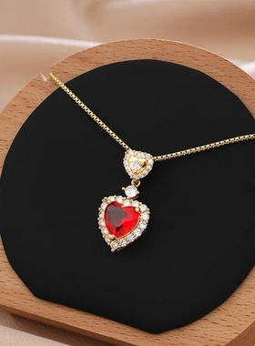 欧美爱心红宝石项链女轻奢风高级感微镶吊坠耳钉不掉色钛钢锁骨链