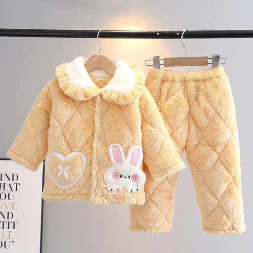 冬季儿童睡衣法兰绒加厚夹棉套装女童宝宝长毛绒小白兔保暖家居服 - 图1