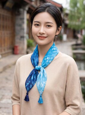 2026云南蓝色扎染棉麻围巾丝巾女春秋薄款丝巾小方巾护颈装饰领巾