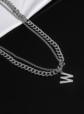 W字母定制项链男轻奢小众嘻哈男士新款潮锁骨毛衣链情侣高级感女