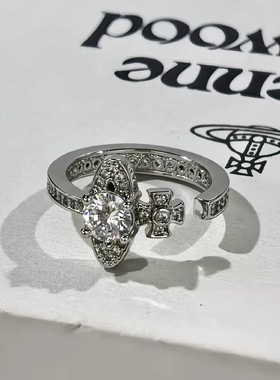 西太后土星水晶镶钻开口戒指女小众设计轻奢气质银饰食指戒指环潮