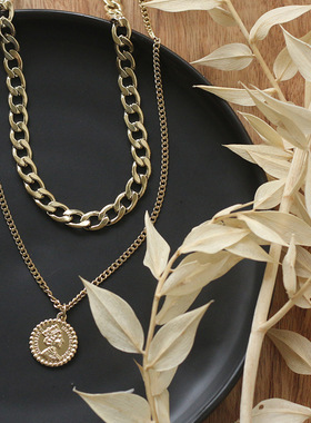 choker金币人像欧美钛钢锁骨链