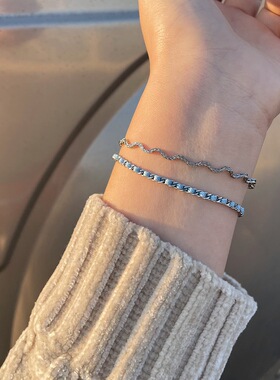 XL596 手链项链波浪金属简约线条INS风颈链choker泡面套装 钛钢