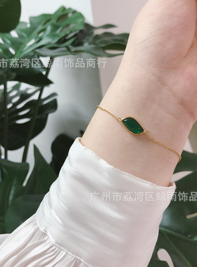 XL093 SL015 鲸雨饰品绿玉髓叶子树叶绿叶弯曲项链手链套组 钛钢