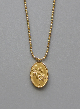 法国金币百合花中长款钛钢毛衣链