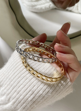 SZ020 欧美简约链条 朋克镂空INS风环形手镯手环 钛钢镀金钢色