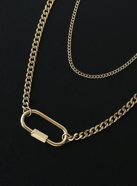 几何双层登山扣秋冬新款银色项链