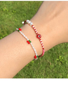 可调节手链红色樱桃淡水小众