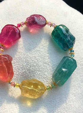 大糖块~彩虹碧玺随形手串~原石不定形手链18k金钻石 色标精品手链