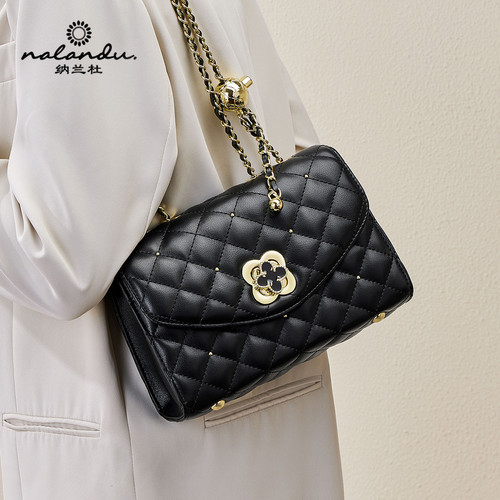 纳兰杜包包女式2025新款斜挎包女夏黑色小香风链条包小包真皮女包 - 图0