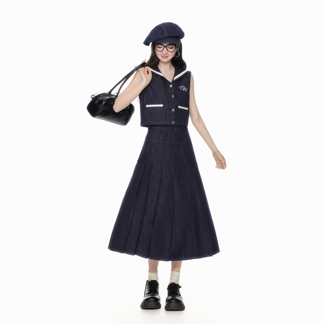 ສິ້ນ Eptison retro preppy denim suit