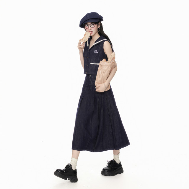ສິ້ນ Eptison retro preppy denim suit