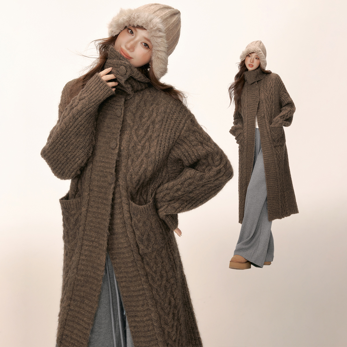 【明星同款】EPTISON氛围感毛衣女2024冬季新款长款慵懒针织外套